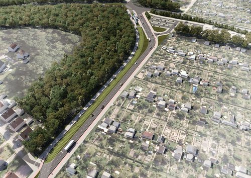 Luftbild-Visualisierung des geplanten Straßenbahnabschnitts entlang des Groß-Schwaßer-Wegs: Die zweigleisige Trasse verläuft auf besonderem Bahnkörper südöstlich der Fahrbahn und verschwenkt auf Höhe des Primelwegs in die angrenzende Kleingartenanlage.