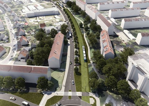 Luftbild-Visualisierung des geplanten Straßenbahnabschnitts entlang der Goerdelerstraße: Die zweigleisige Trasse verläuft als Grüngleis in westlicher Seitenlage parallel zur Fahrbahn. Westlich sind neu geordnete Senkrechtstellplätze und Baumpflanzungen dargestellt.