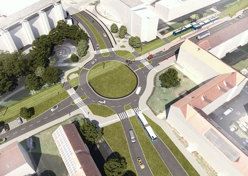 Luftbild-Visualisierung des Kreisverkehrs Ulrich-von-Hutten-Straße mit querender Straßenbahntrasse in der westlichen Kreisverkehrsfläche und geplanter Haltestelle auf Höhe der Reuterpassage.